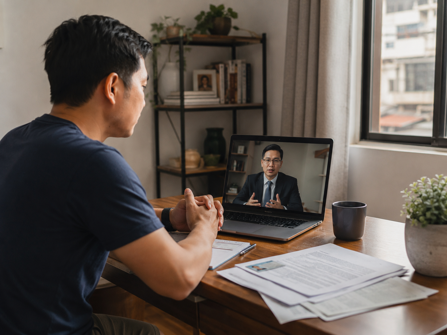 Filipino client using a laptop for a private online legal consultation at home